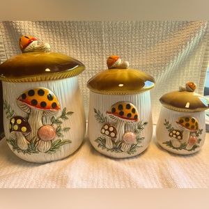 Sears Merry Mushroom Set of 3 canisters with blank backs. Mixed years same style